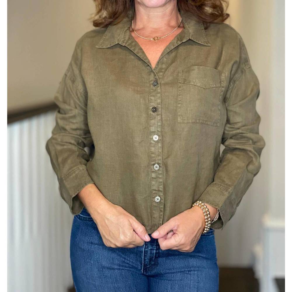 NEW MICHAEL STARS gracie cropped linen shirt in olive